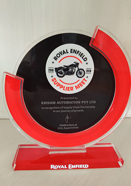 Award from Royal Enfield in 2018 presented to Krisam automation