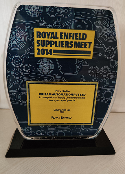 Certificate- Royal enfield suppliers meet in 2014. Krisam offers automated machining