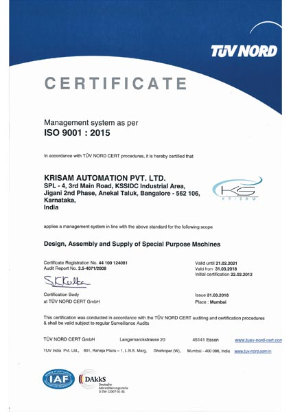 Certificate- Tuv Nord. Krisam Automation offers assembly lines and manufacturing special purpose machine